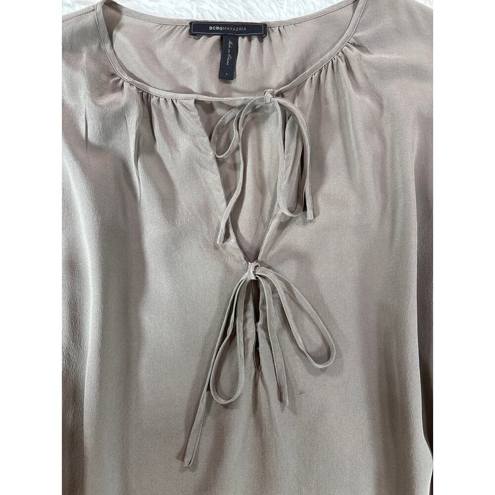 BCBG Max Azria Evana Silk‎ Blouse Womens Tie Front Long Sleeve Green Top L - Picture 2 of 9